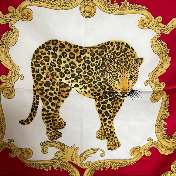 Vintage Made in Italy Leopard Print Scarf | Red Black Gold Baroque Square - Picture 3 of 7